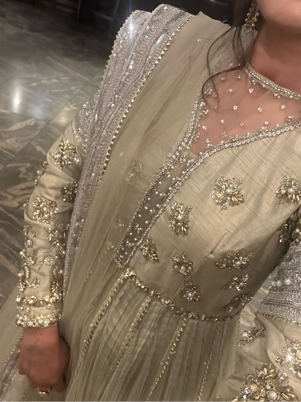 Elegant Beige/Grey Embellished Women's Pakistani Dress - Picture 2 of 3
